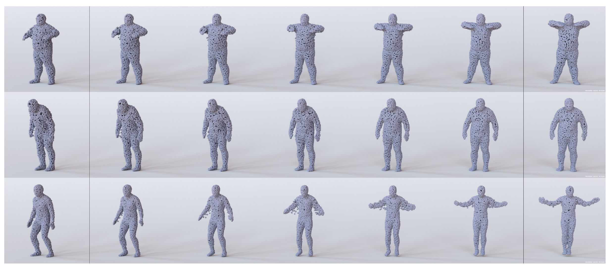 The D-FAUST dataset and interpolation between the figure totally at the left and the one totally at the right. Copyright: Achlioptas et al. (2018).